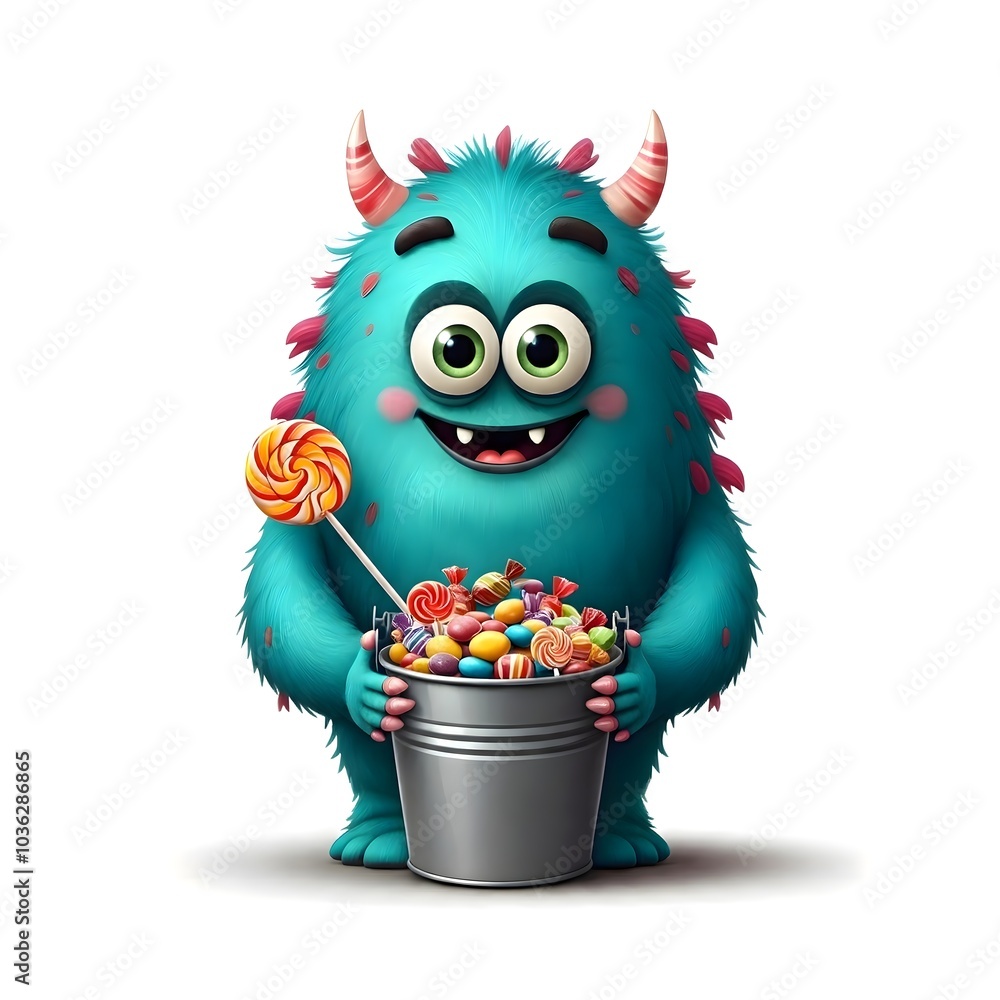 Cheerful Furry Monster with a Bucket Full of Colorful Candies Cheerful Furry Monster with a Bucket Full of Colorful Candies
