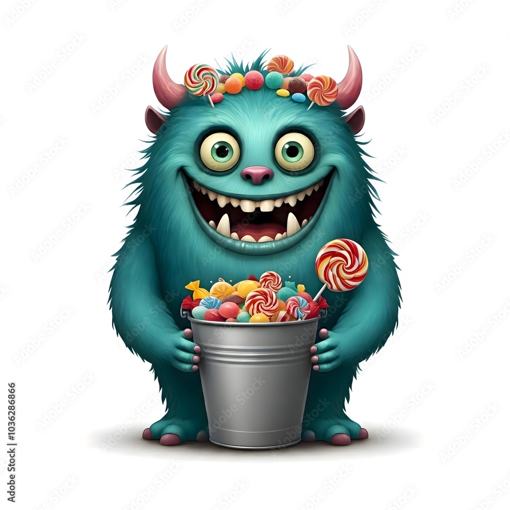 Smiling Blue Monster Holds Bucket Filled with Colorful Candy Smiling Blue Monster Holds Bucket Filled with Colorful Candy