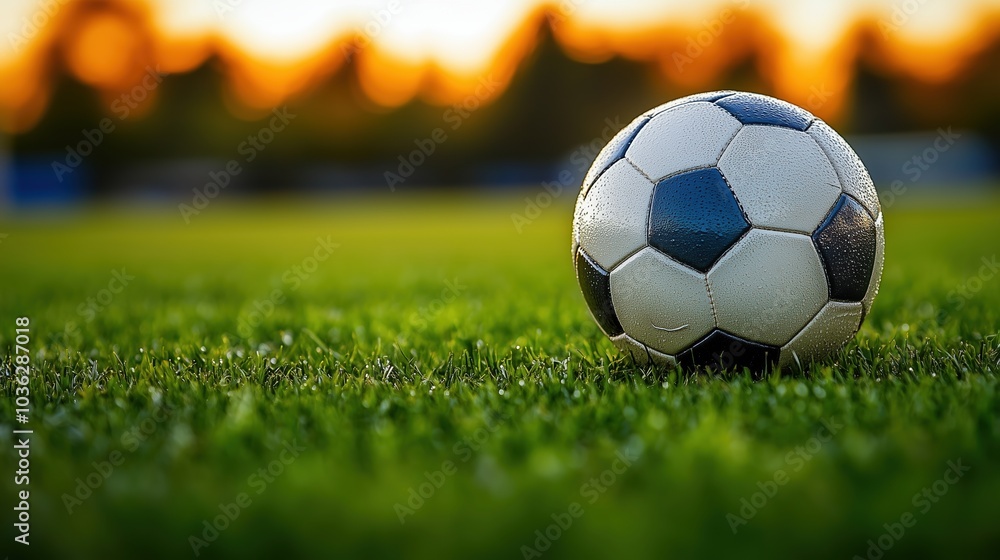Fototapeta premium A soccer ball on a lush green field at dusk, with the warm sunset creating a peaceful and inviting scene. Ideal for sports-related themes or casual soccer moments.