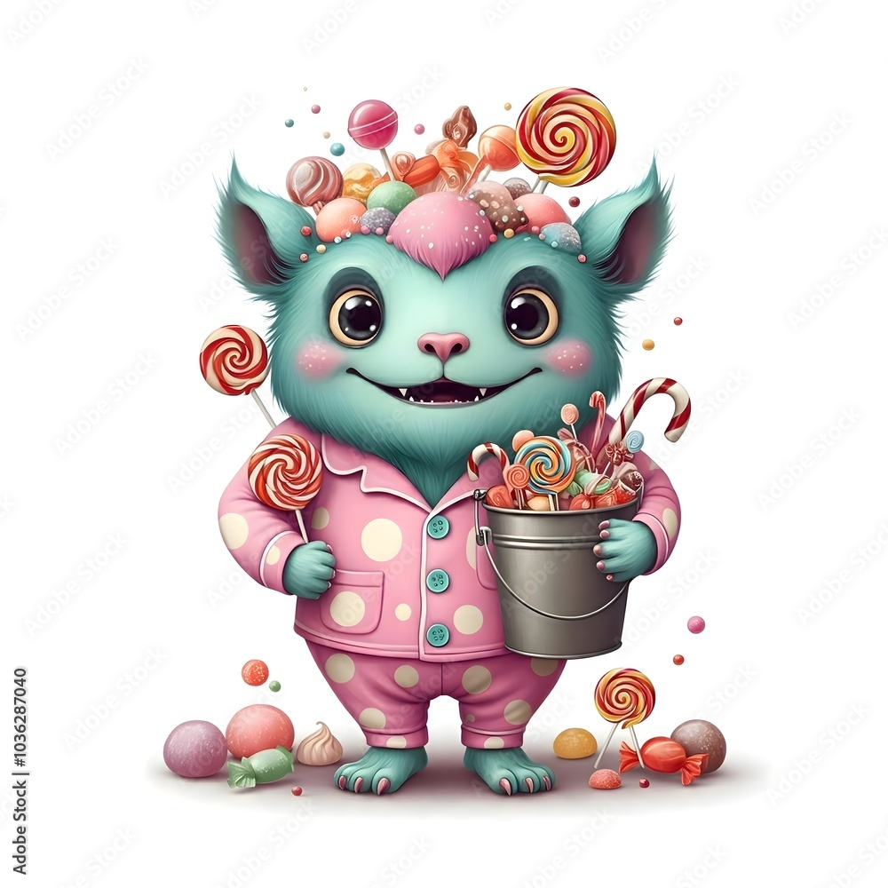 Whimsical Creature in Pajamas Holding a Bucket of Sweets Whimsical Creature in Pajamas Holding a Bucket of Sweets