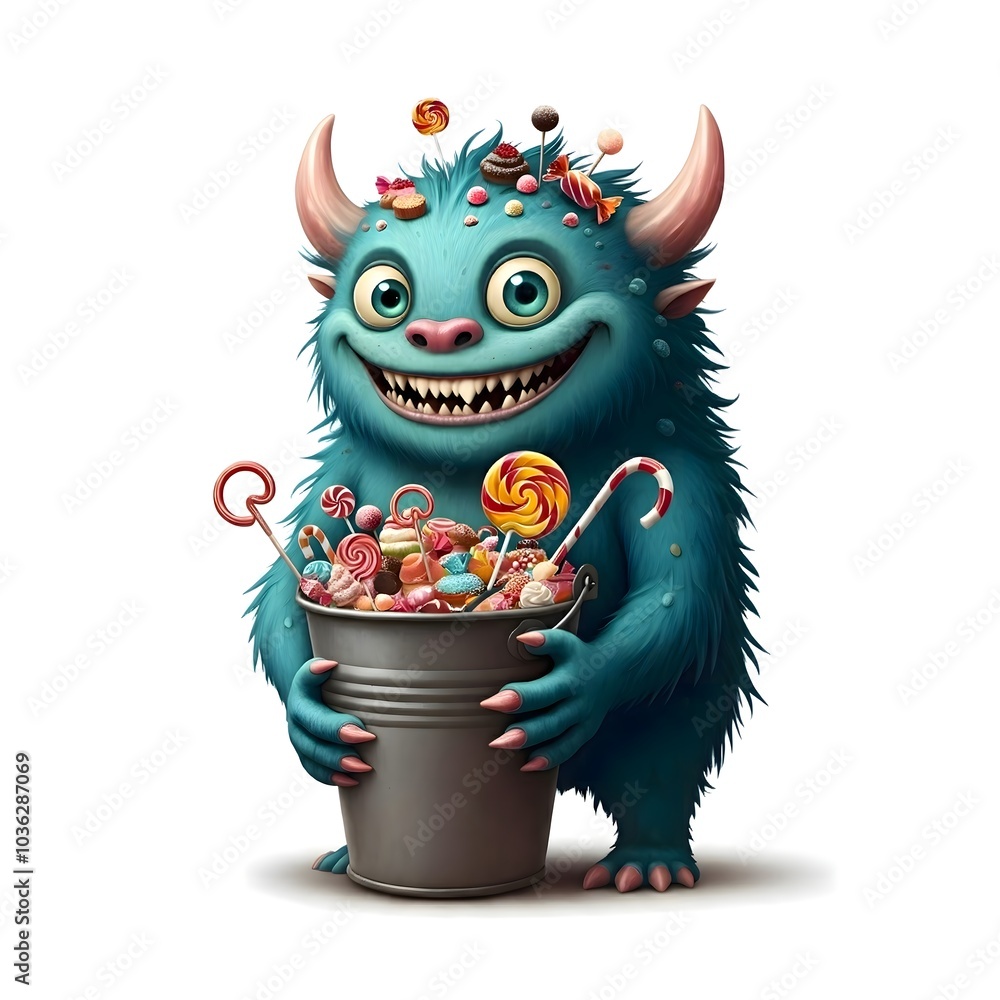 Playful Blue Monster Holding a Bucket of Sweet Candies Playful Blue Monster Holding a Bucket of Sweet Candies