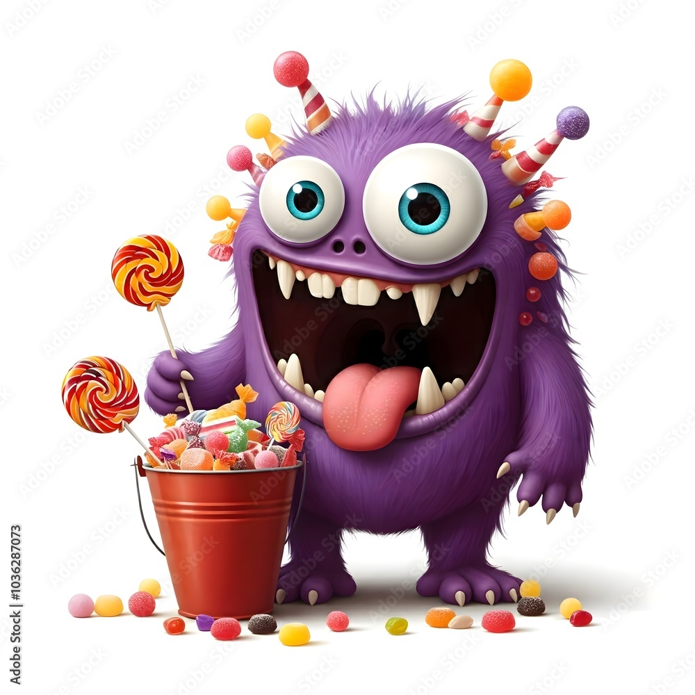 Adorable Purple Monster with Candy Bucket and Lollipops Adorable Purple Monster with Candy Bucket and Lollipops