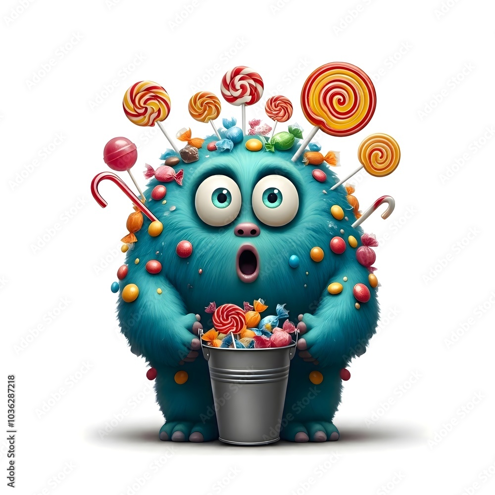 Whimsical Lollipop Monster Surprised by Sweet Candy Abundance Whimsical Lollipop Monster Surprised by Sweet Candy Abundance