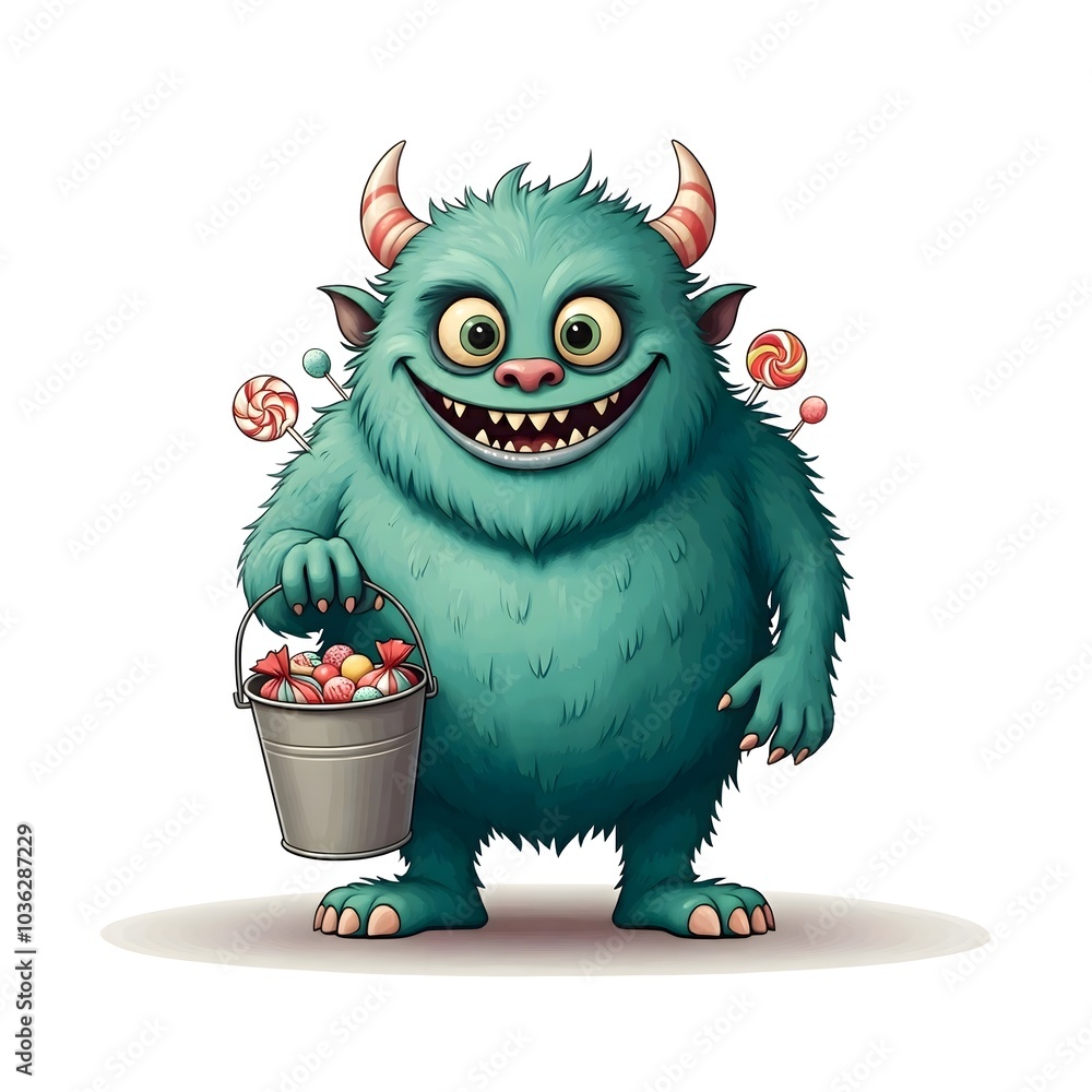 Joyful Monster Holding Candy Bucket with Playful Smile Joyful Monster Holding Candy Bucket with Playful Smile