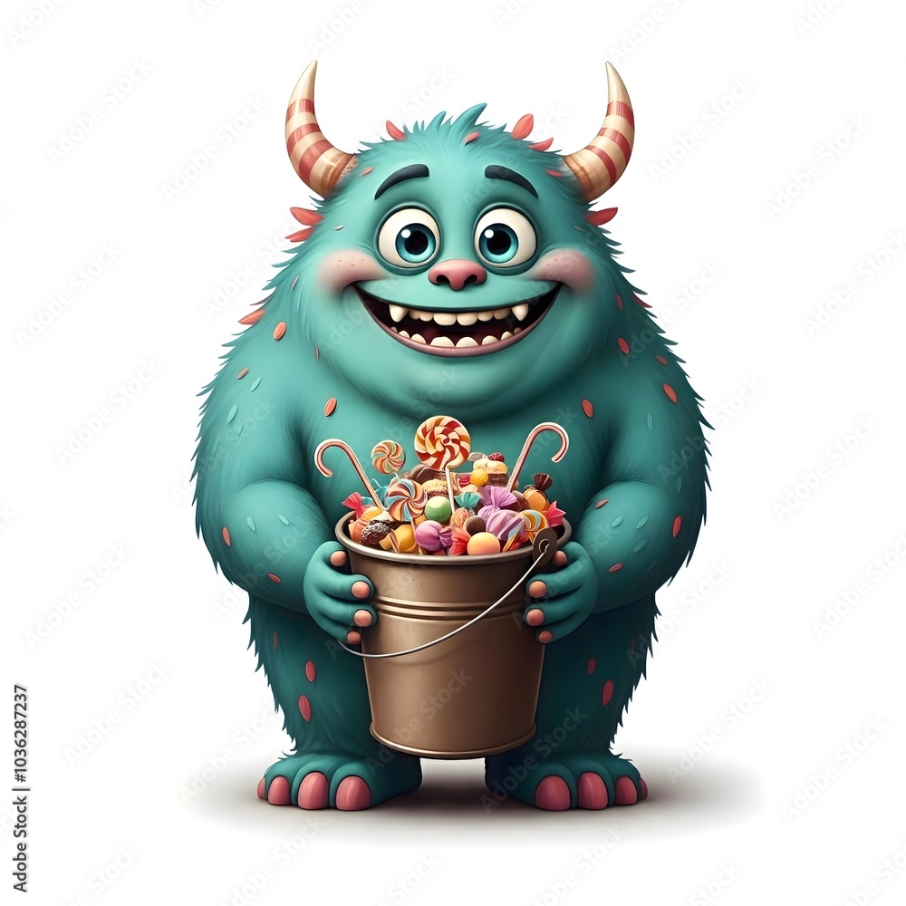 Playful Monster Holding Candy Bucket Smiling Happily Playful Monster Holding Candy Bucket Smiling Happily