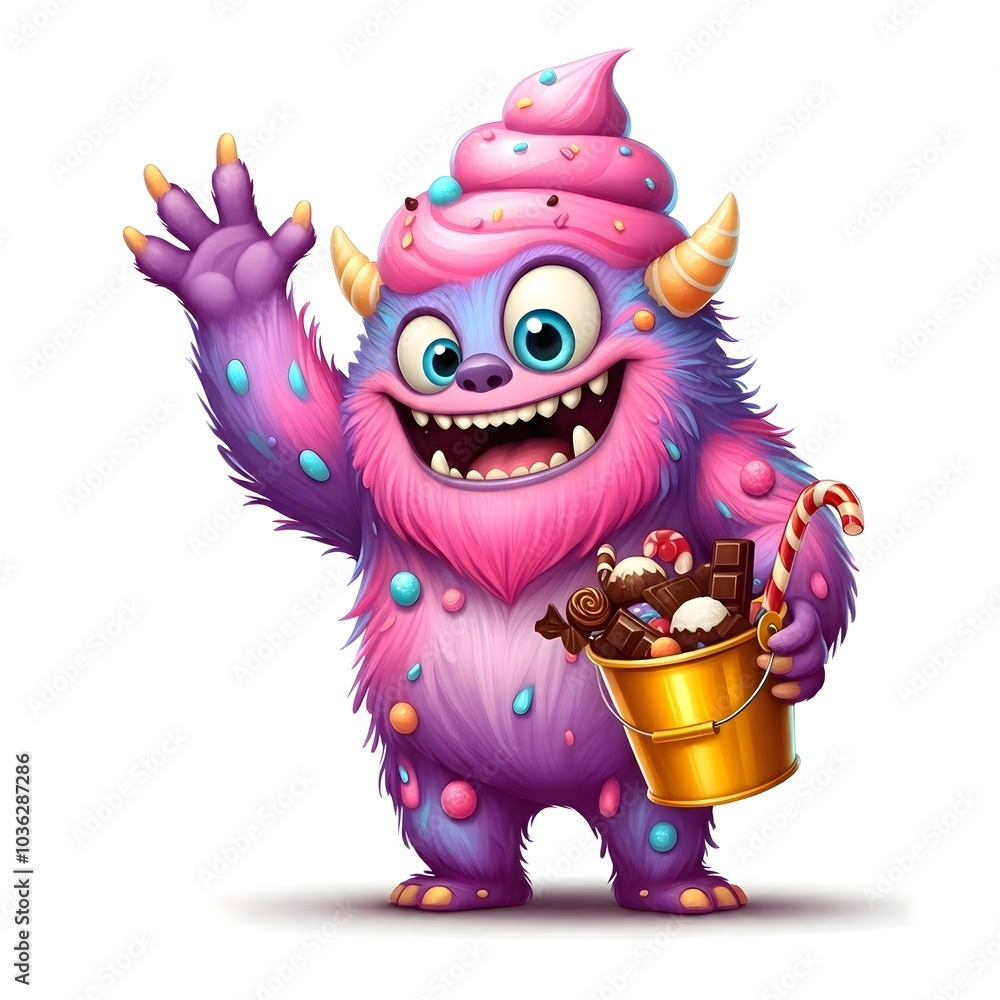 Colorful Monster with Candy Bucket and Happy Smile Illustration Colorful Monster with Candy Bucket and Happy Smile Illustration