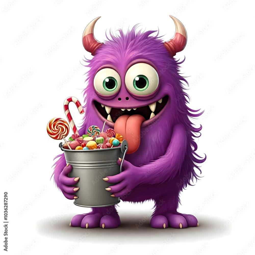 Purple Furry Monster Holding a Bucket of Colorful Candies Purple Furry Monster Holding a Bucket of Colorful Candies