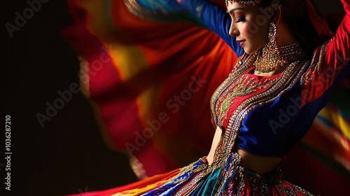 A woman in traditional Indian attire dances with flowing fabric, showcasing vibrant colors and graceful movements.