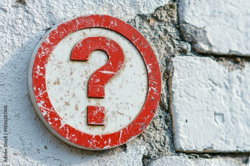 A weathered circular sign with a red question mark displayed prominently on a textured gray wall in daylight A weathered circular sign with a red question mark displayed prominently on a textured gray wall in daylight
