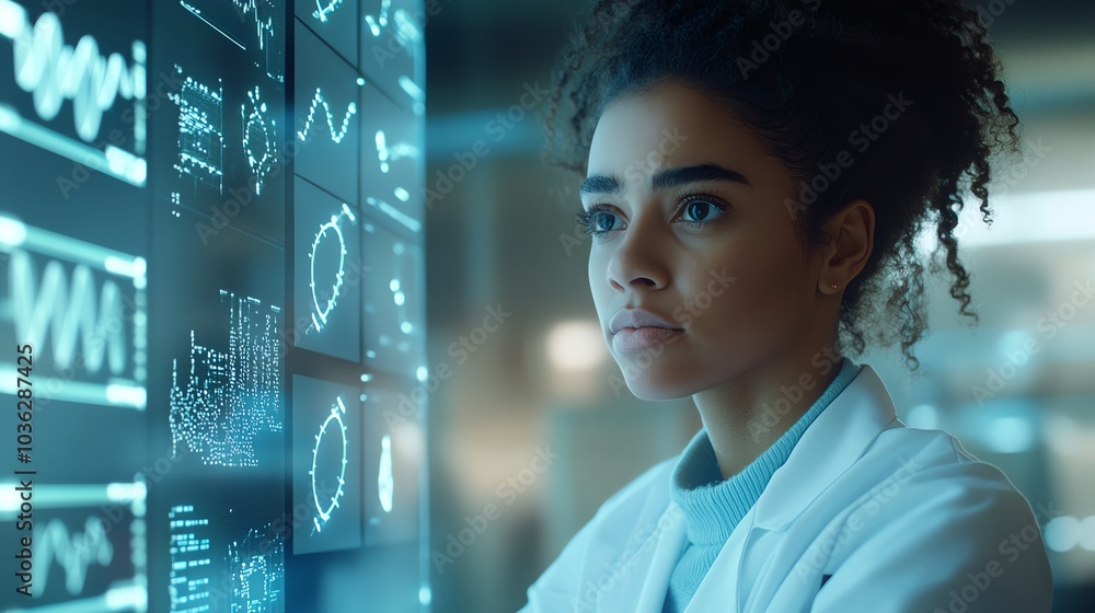 Focused scientist analyzing data on a futuristic digital display. Focused scientist analyzing data on a futuristic digital display.