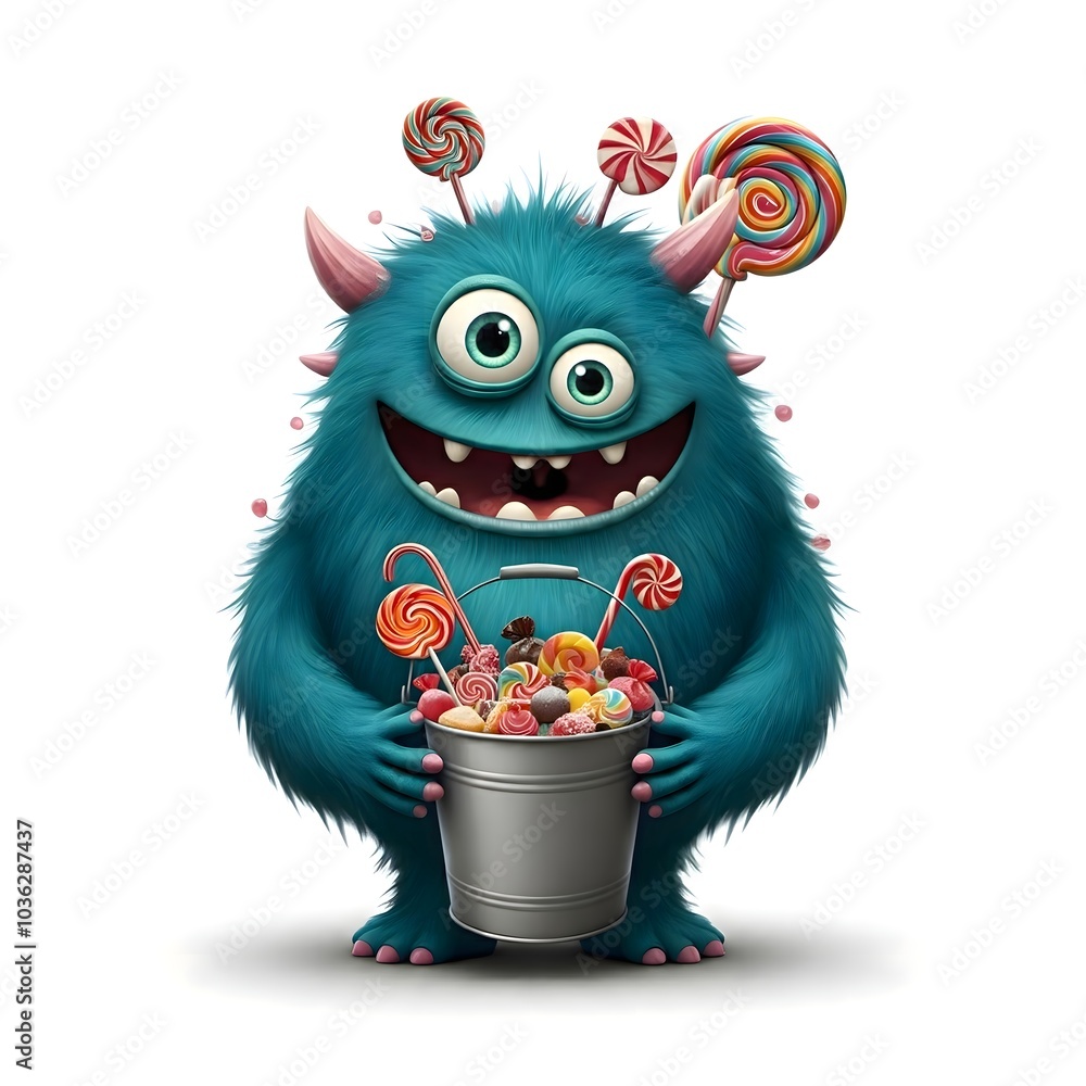 Playful Furry Monster Delighting in a Bucket of Sweets Playful Furry Monster Delighting in a Bucket of Sweets
