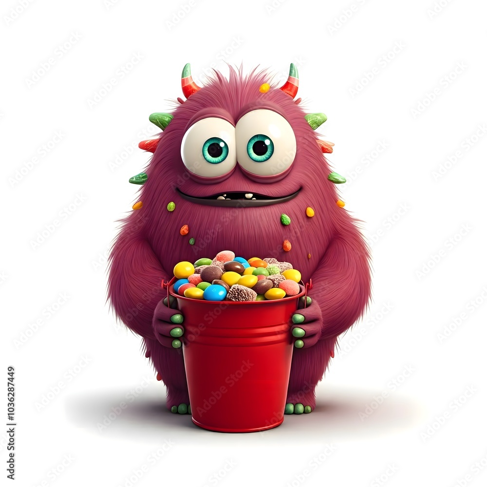 Adorable Fuzzy Monster Holding a Bucket Full of Colorful Candy Treats Adorable Fuzzy Monster Holding a Bucket Full of Colorful Candy Treats