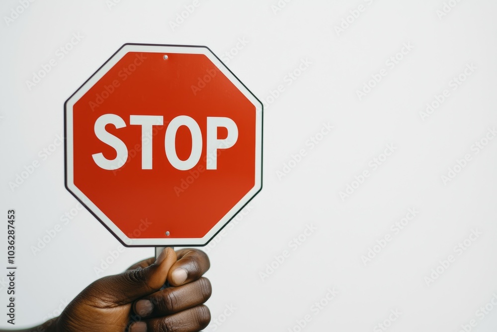 A person holding a red stop sign against a plain background in a clear and concise manner A person holding a red stop sign against a plain background in a clear and concise manner