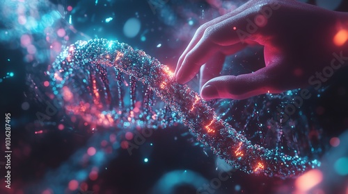 Futuristic hand reaching towards a shimmering DNA strand, vibrant cosmic background.