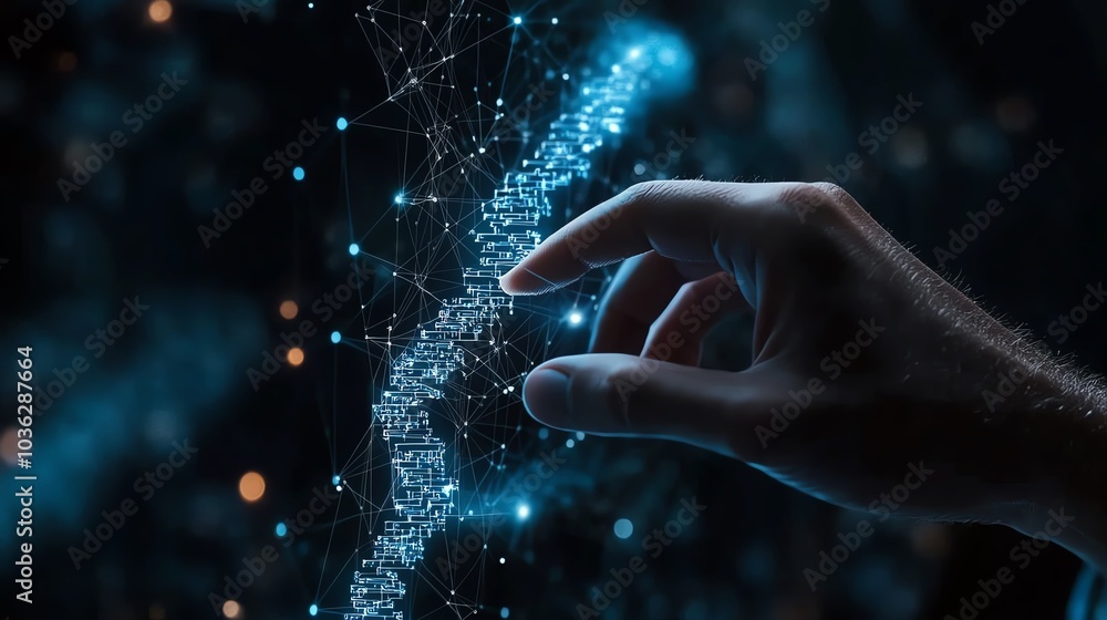 Hand touching digital data, glowing particles, innovative technology concept. Hand touching digital data, glowing particles, innovative technology concept.