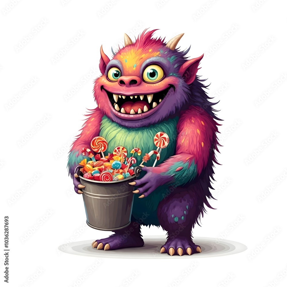 Colorful Monster Holding Candy Bucket - Fun and Playful Illustration Colorful Monster Holding Candy Bucket - Fun and Playful Illustration