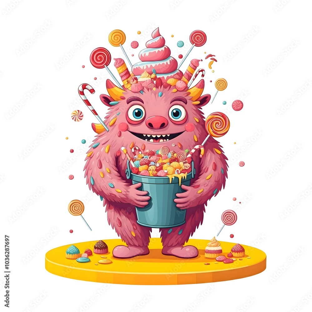 Bright Pink Monster with Candy Bucket in Vibrant Fantasy Land Bright Pink Monster with Candy Bucket in Vibrant Fantasy Land