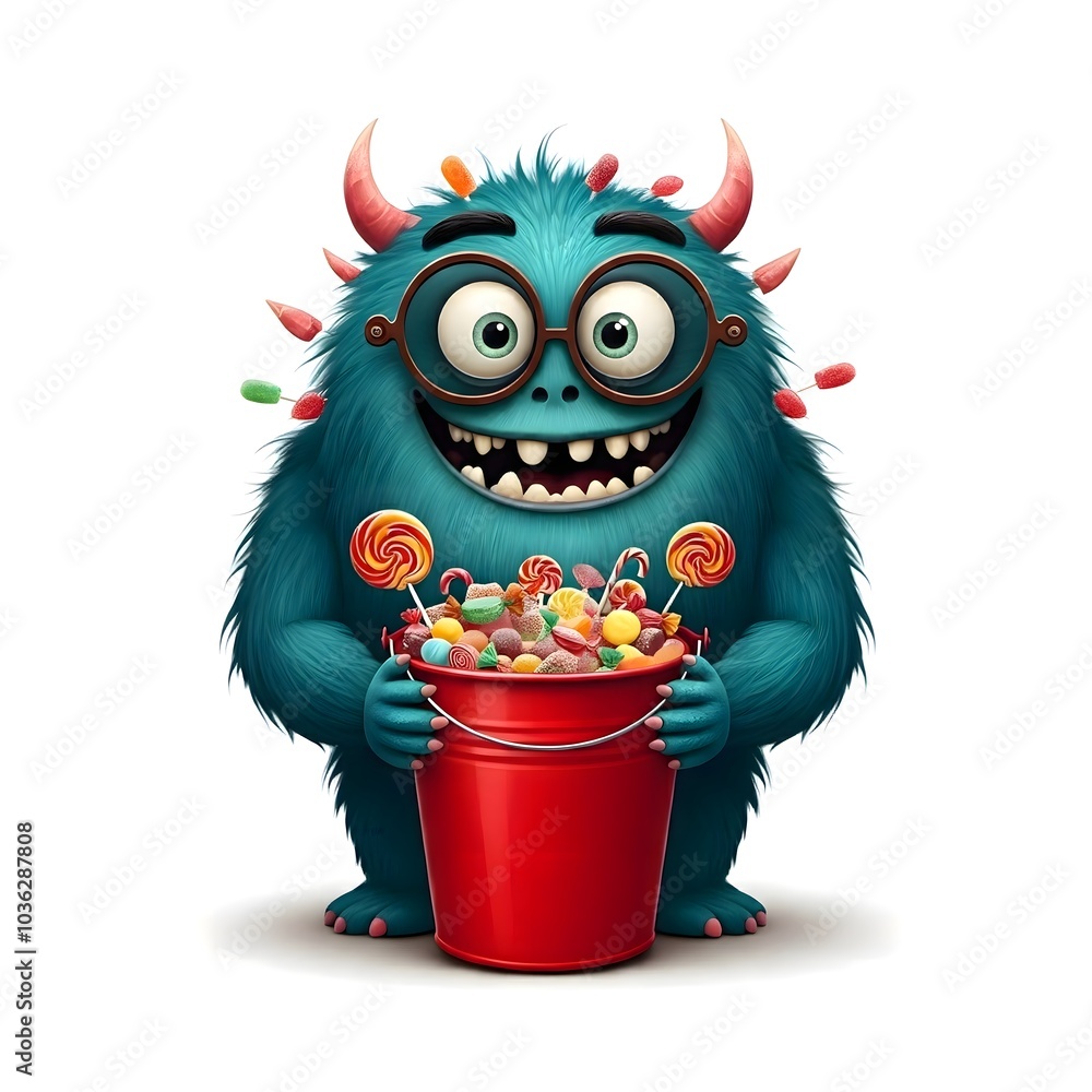 Playful Blue Monster Holding a Bucket of Colorful Candies Playful Blue Monster Holding a Bucket of Colorful Candies