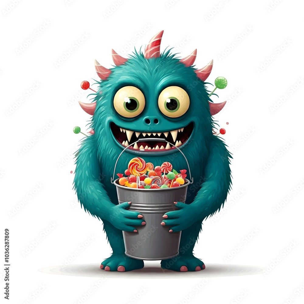 Furry Monster Joyfully Holding a Bucket Brimming with Candy Furry Monster Joyfully Holding a Bucket Brimming with Candy