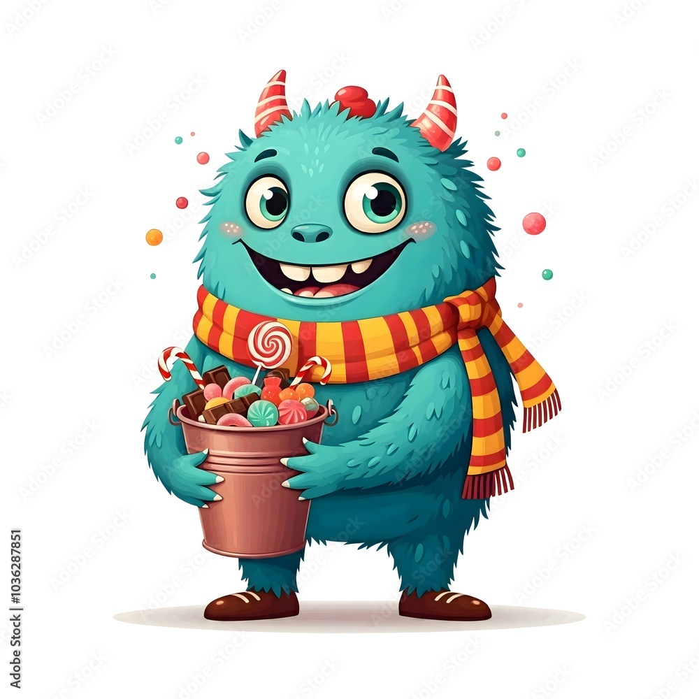 Cute Furry Monster Holding a Bucket Full of Colorful Treats Cute Furry Monster Holding a Bucket Full of Colorful Treats