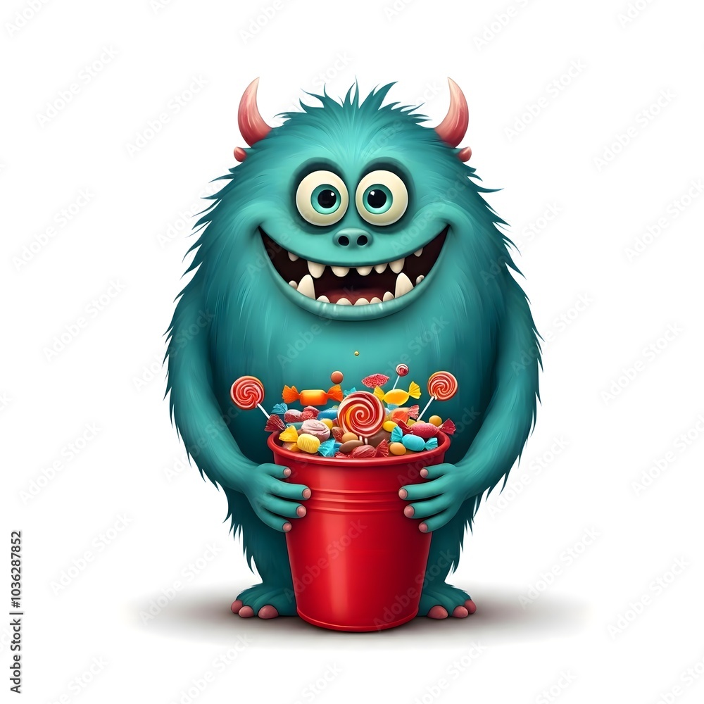 Cute Furry Monster Delighted with Colorful Candy Bucket Cute Furry Monster Delighted with Colorful Candy Bucket