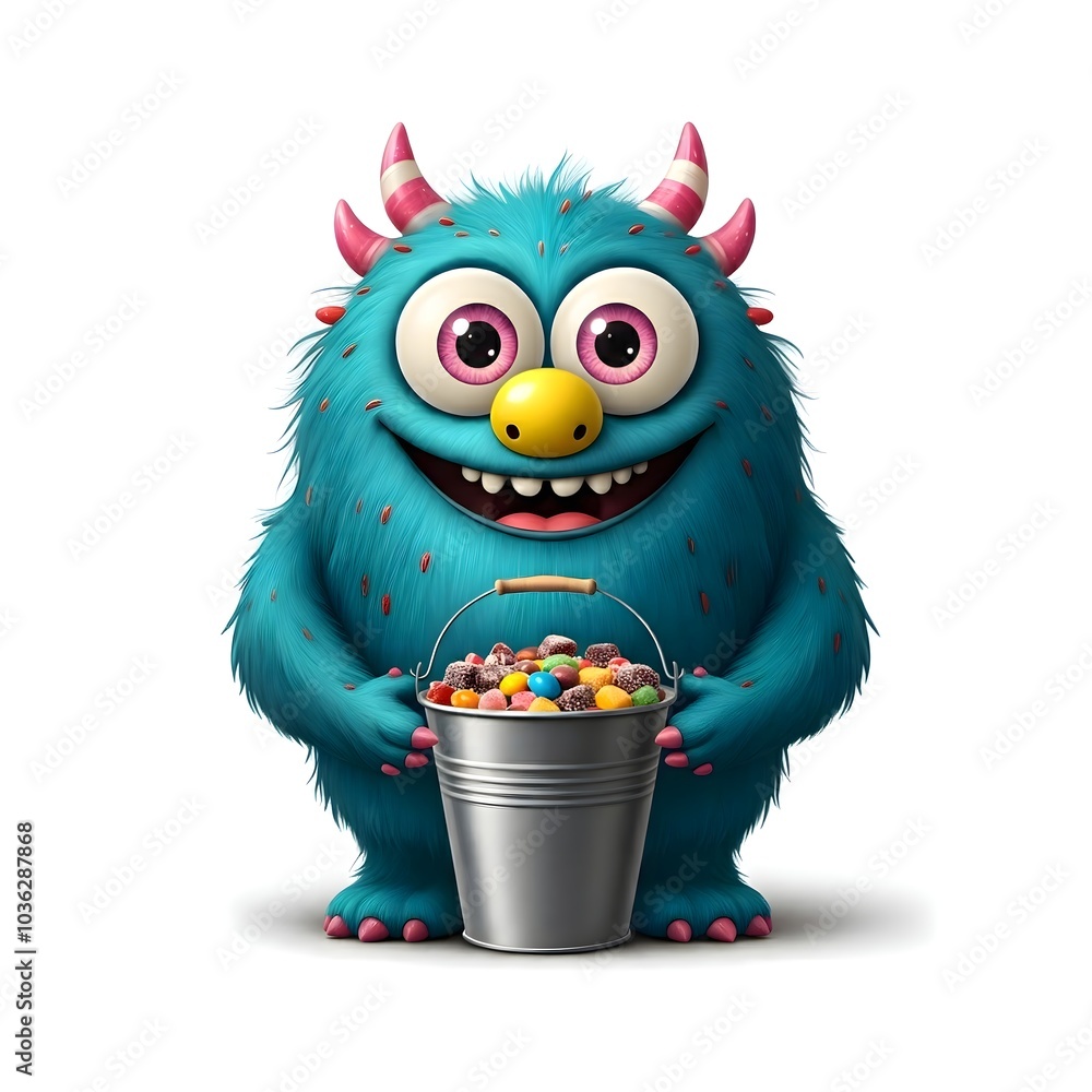 Cheerful Blue Monster Holding Colorful Candy Bucket Cheerful Blue Monster Holding Colorful Candy Bucket