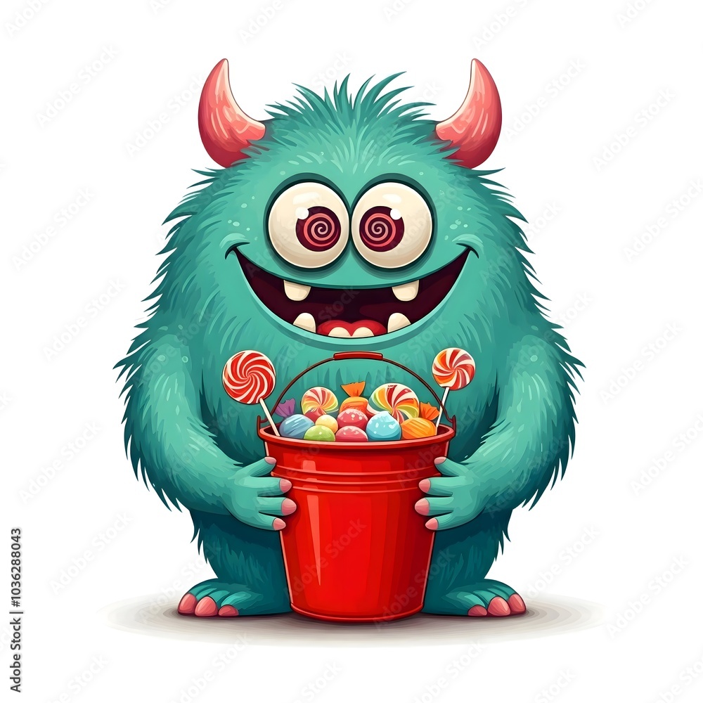 Cheerful Furry Monster Holding Candy Filled Red Bucket Cheerful Furry Monster Holding Candy Filled Red Bucket