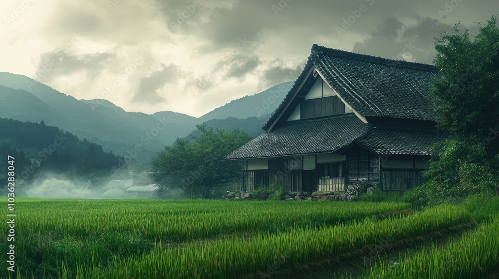 Serene Rice Field with Traditional House in Fog Serene Rice Field with Traditional House in Fog