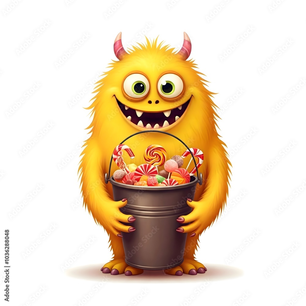 Cute yellow monster holding a bucket filled with colorful sweets Cute yellow monster holding a bucket filled with colorful sweets