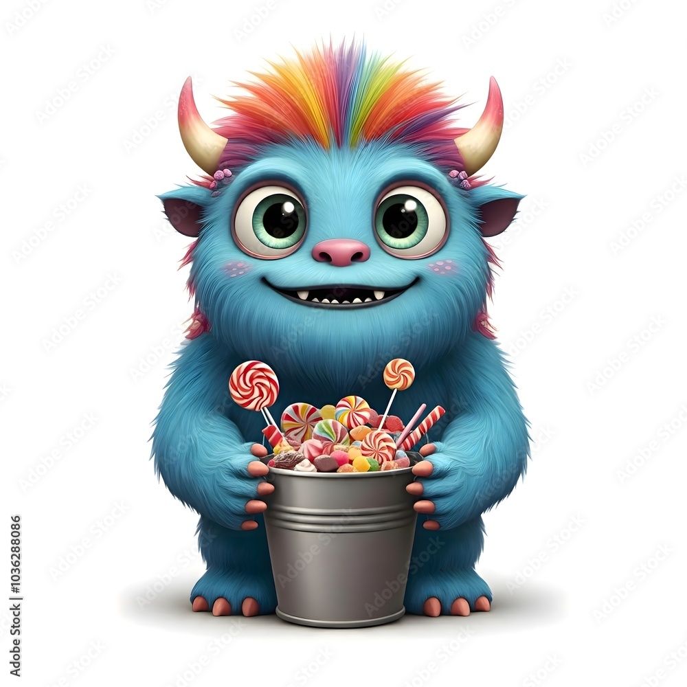 Friendly blue monster with candy bucket and lollipop treats Friendly blue monster with candy bucket and lollipop treats