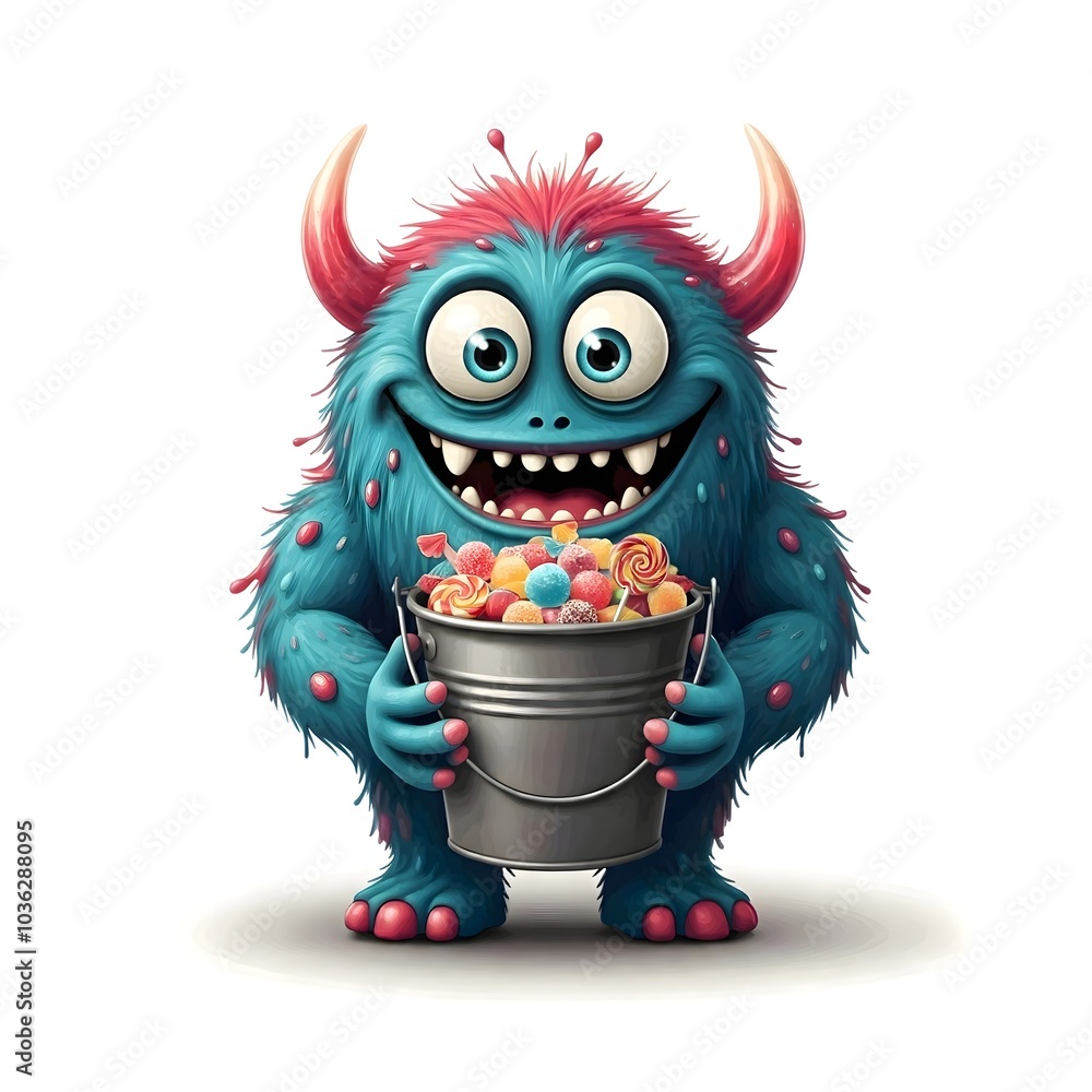 Colorful Monster Holding Candy Bucket in a Whimsical Style Colorful Monster Holding Candy Bucket in a Whimsical Style