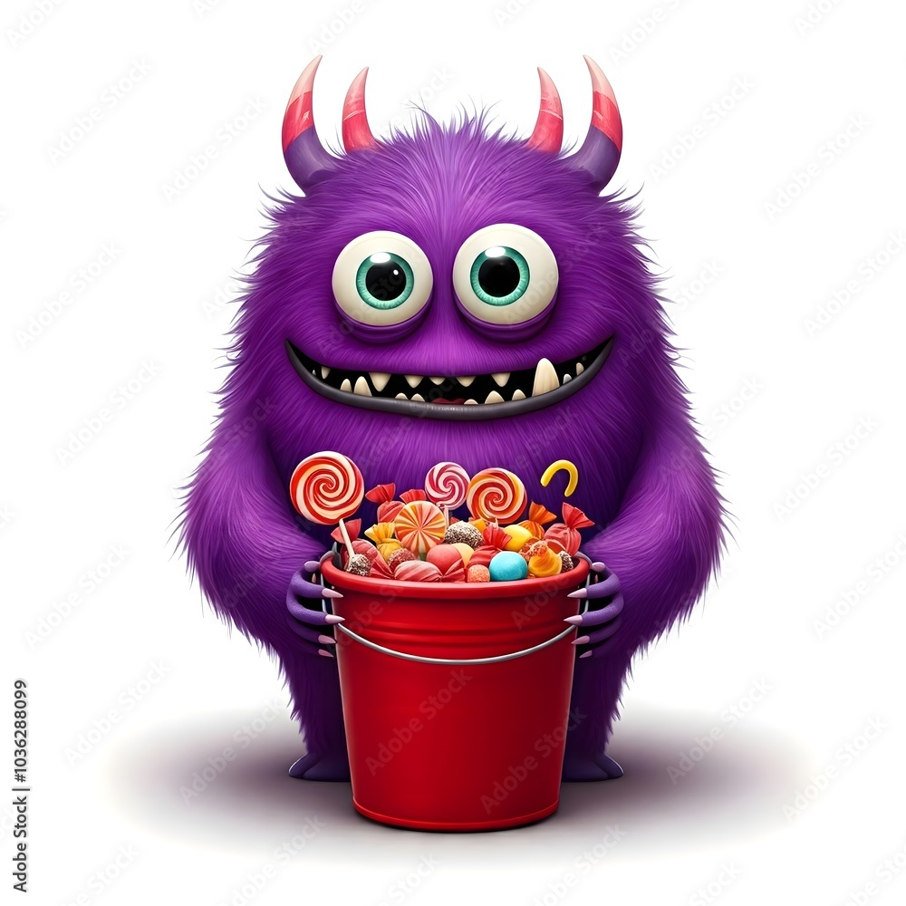 Adorable purple monster holding a bucket full of candy treats Adorable purple monster holding a bucket full of candy treats