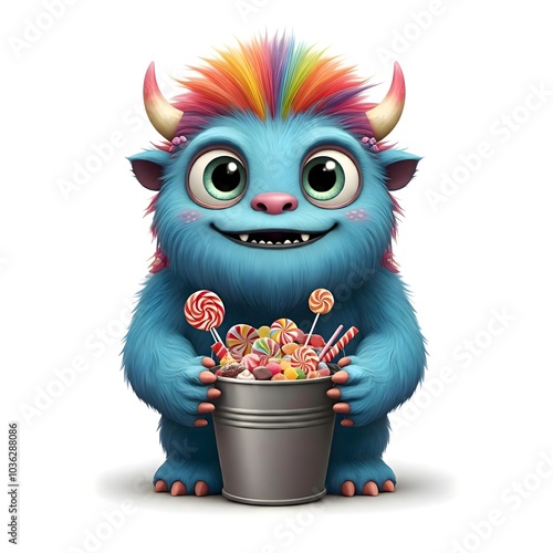 Friendly blue monster with candy bucket and lollipop treats photo