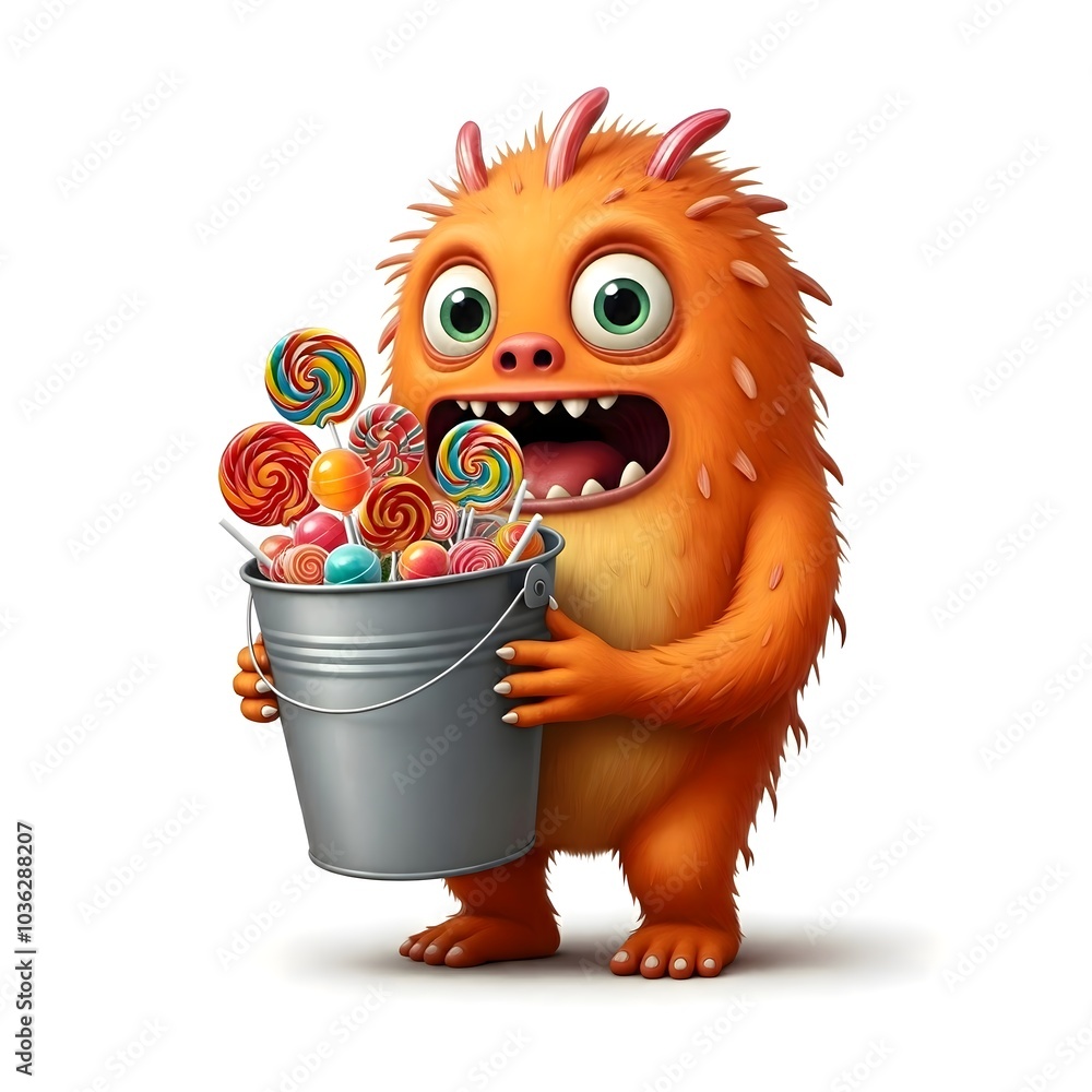Cheerful Furry Monster Holding Bucket of Colorful Candies Cheerful Furry Monster Holding Bucket of Colorful Candies
