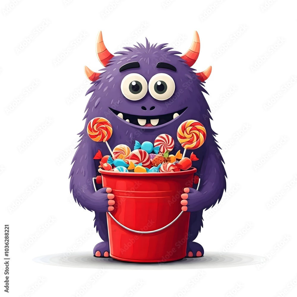 Playful Purple Monster Joyfully Holding a Candy Bucket Playful Purple Monster Joyfully Holding a Candy Bucket