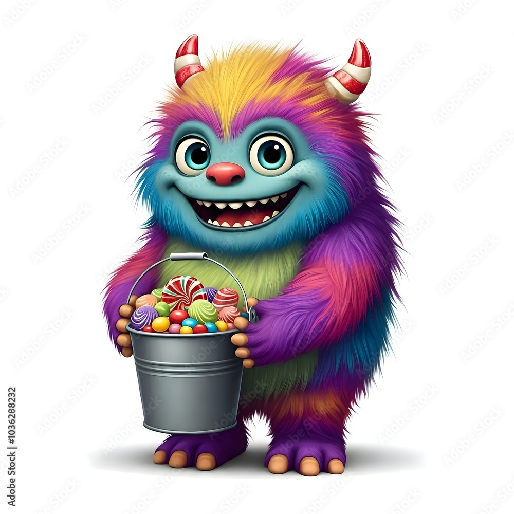 Playful Rainbow Monster Holding Bucket of Sweet Treats Playful Rainbow Monster Holding Bucket of Sweet Treats