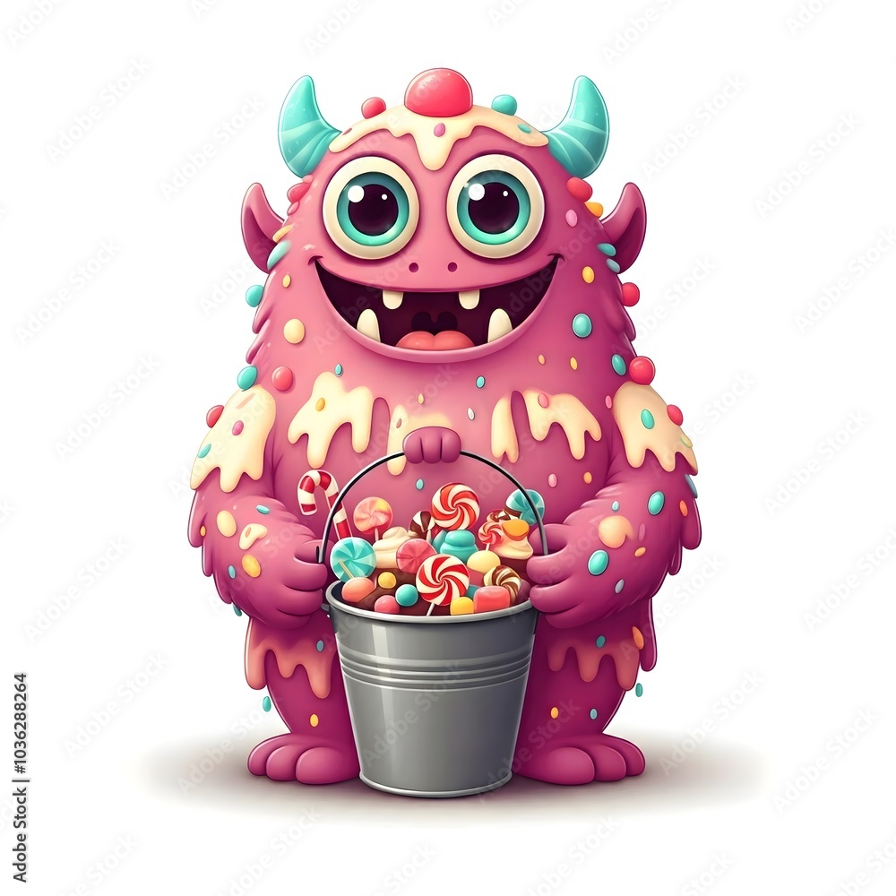 Adorable candy monster happily holding a bucket of sweets Adorable candy monster happily holding a bucket of sweets