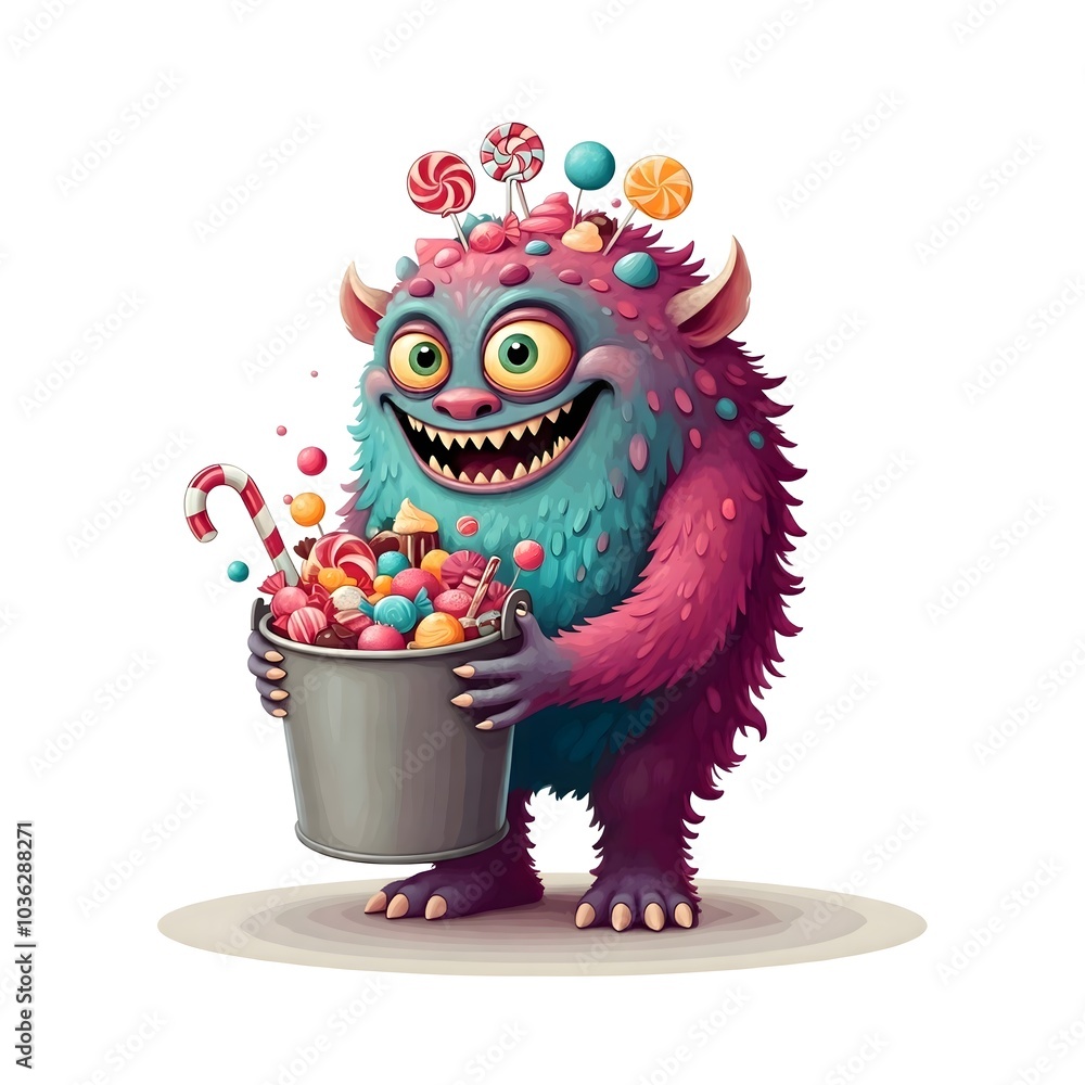 Cheerful Fuzzy Monster Holding a Bucket Overflowing with Candy Cheerful Fuzzy Monster Holding a Bucket Overflowing with Candy