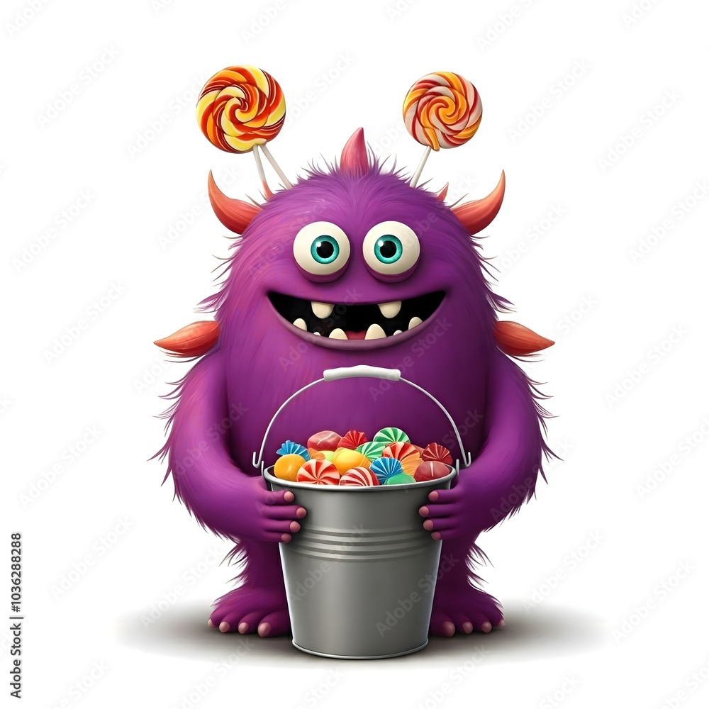 Adorable purple monster holding a bucket full of colorful candy Adorable purple monster holding a bucket full of colorful candy