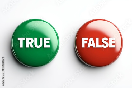 Green and red buttons with the words true and false on a white background for quiz or decision-making activities