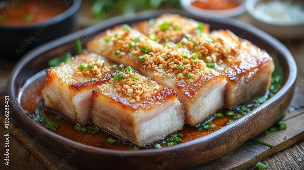 Succulent Pork Belly with Crispy Topping Plated Beautifully Succulent Pork Belly with Crispy Topping Plated Beautifully