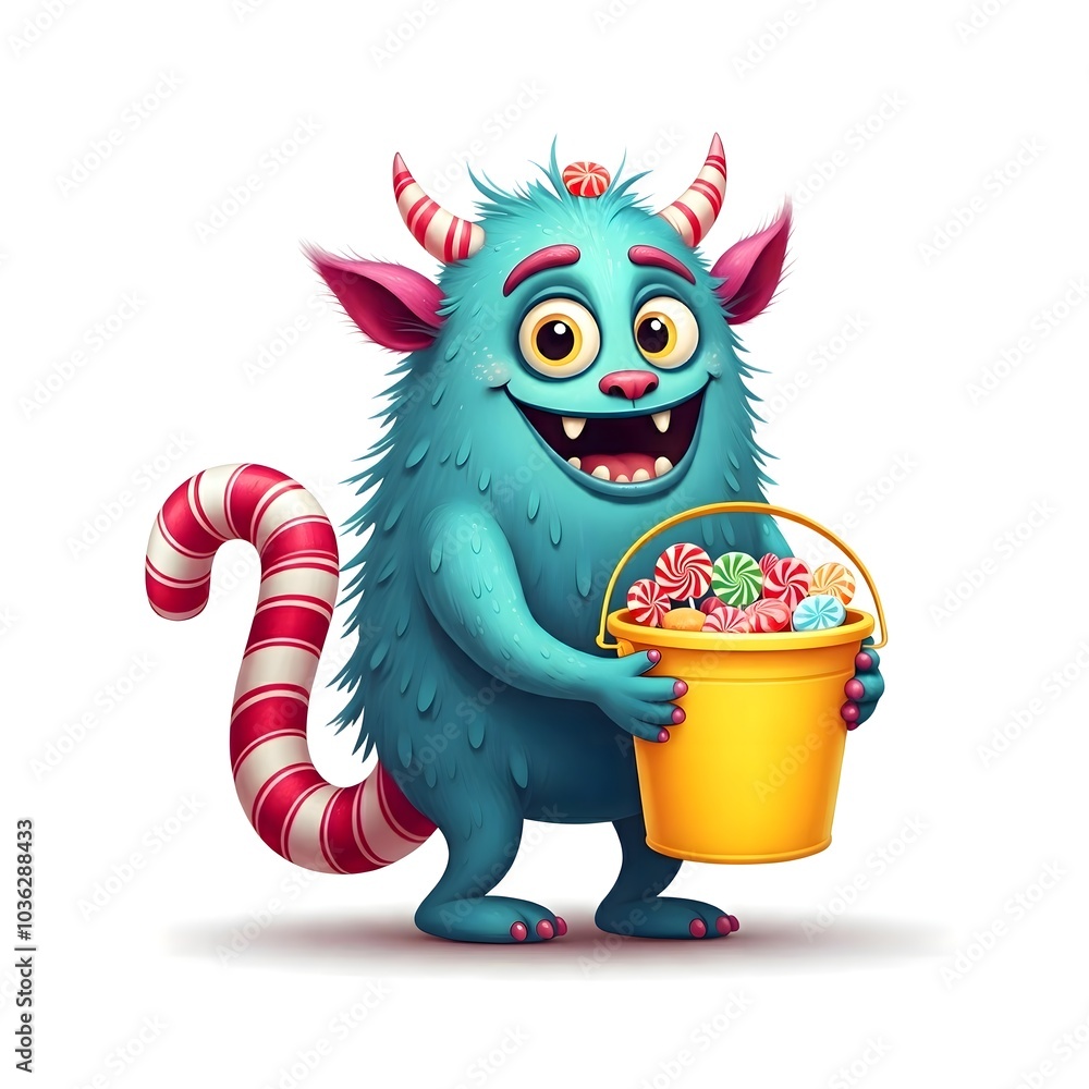 Adorable fuzzy monster holding a candy-filled bucket with joy Adorable fuzzy monster holding a candy-filled bucket with joy