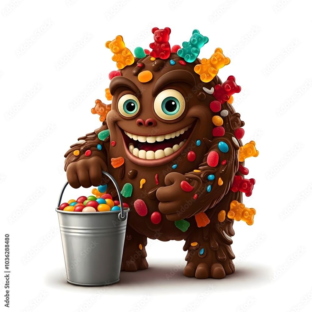 Chocolate Monster Joyfully Holding a Candy-Filled Bucket Chocolate Monster Joyfully Holding a Candy-Filled Bucket