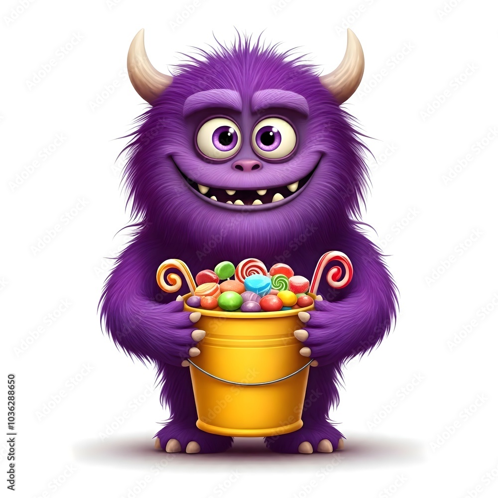 Adorable Purple Monster with Candy Bucket Illustration Art Adorable Purple Monster with Candy Bucket Illustration Art