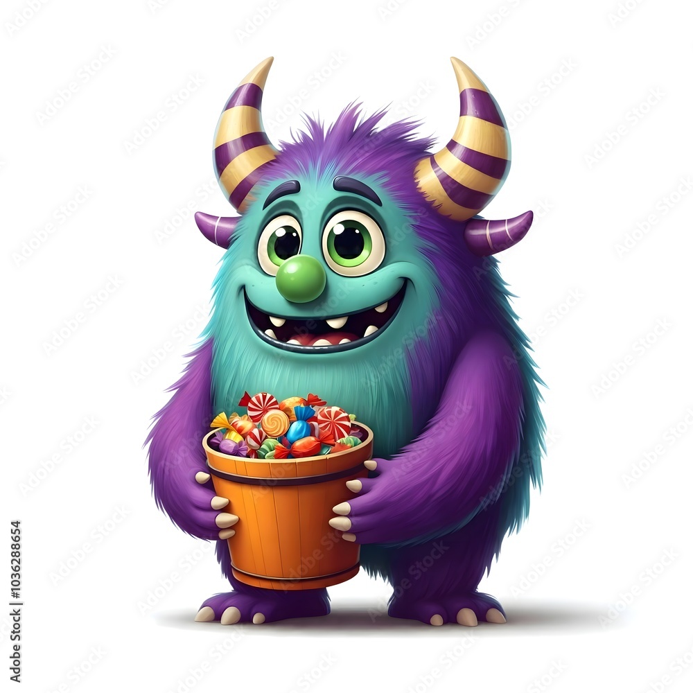 Adorable Purple Monster with Candy Bucket Illustration Adorable Purple Monster with Candy Bucket Illustration