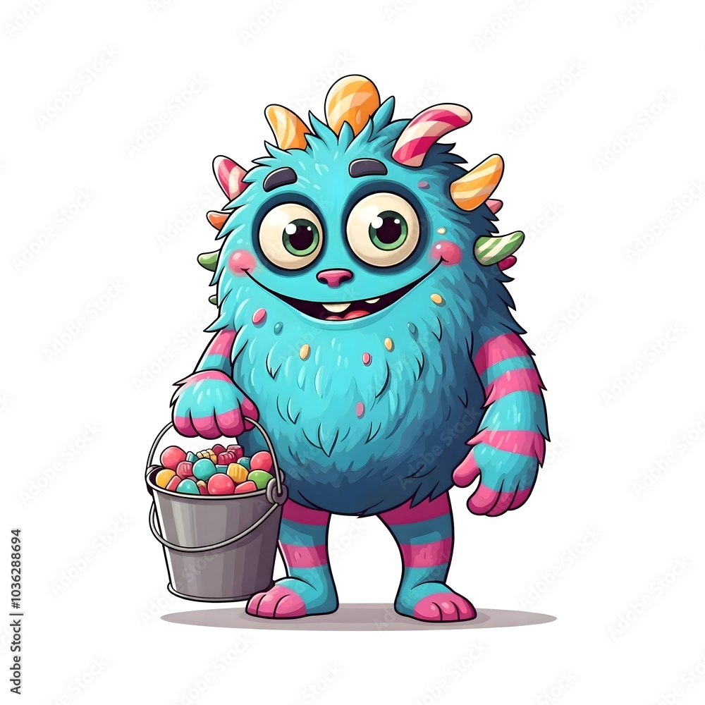 Cheerful Monster with Candy Bucket: Whimsical Fantasy Creature Cheerful Monster with Candy Bucket: Whimsical Fantasy Creature