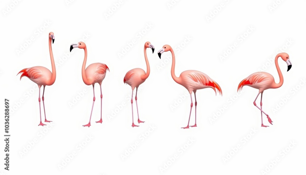 Obraz premium Five flamingos in a row standing tall and poised