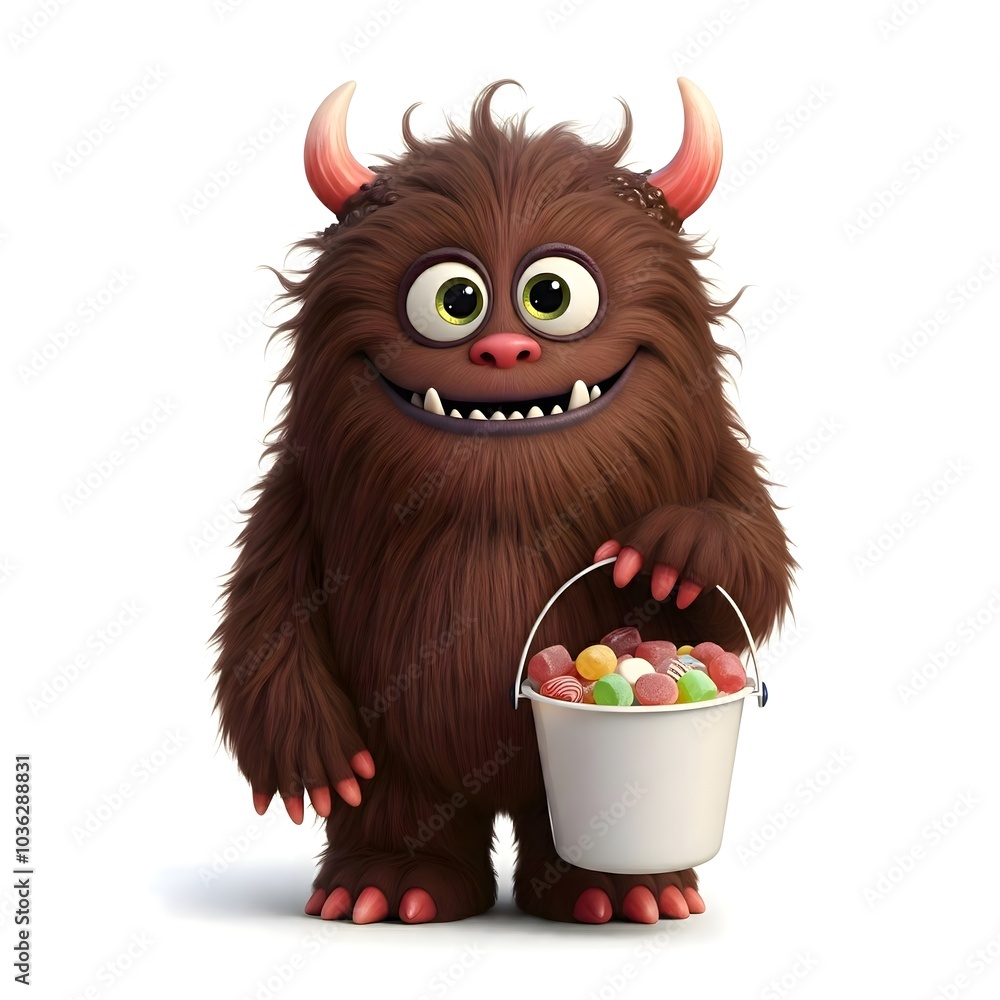 Friendly Brown Monster Smiling with Candy Bucket in Hand Friendly Brown Monster Smiling with Candy Bucket in Hand