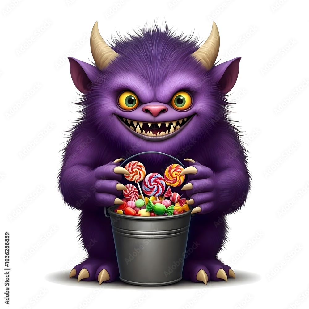 Cheerful purple monster delightfully hoarding candy treasure Cheerful purple monster delightfully hoarding candy treasure