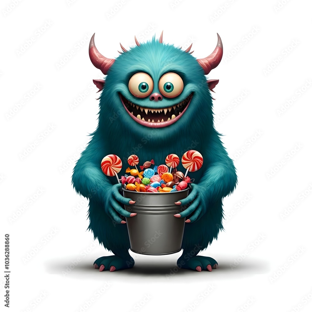 Whimsical Monster Cheerfully Holding a Colorful Candy Bucket Whimsical Monster Cheerfully Holding a Colorful Candy Bucket